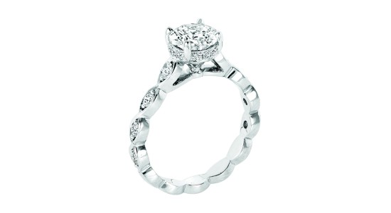 a white gold engagement ring with a round cut center stone and hidden halo