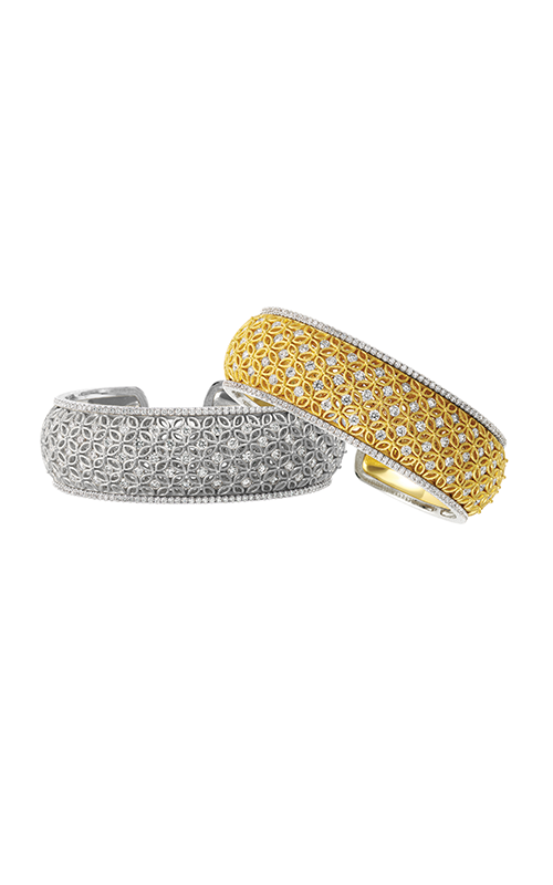 Two intricately designed bangles, one silver and one gold, with delicate lattice patterns and diamond accents.