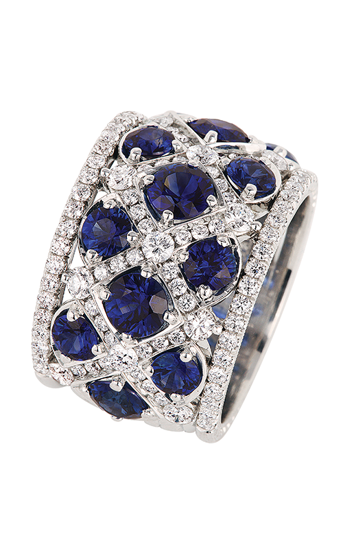 A silver ring adorned with deep blue sapphires and sparkling diamonds arranged in an intricate lattice pattern.