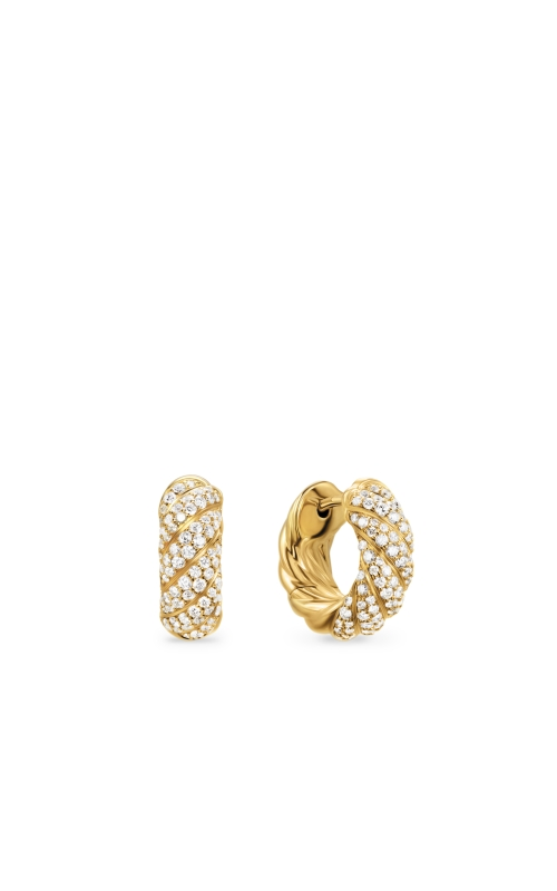 Yellow gold hoop earrings with a twisted design, encrusted with small diamonds.