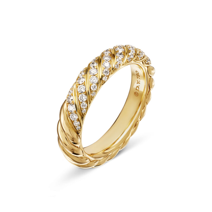 A gold cable ring with intertwined, textured bands set with a row of sparkling diamonds.