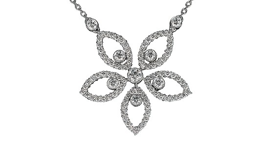 a white gold floral pendant necklace dotted with diamonds