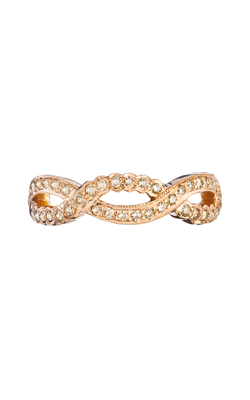 A gold infinity ring encrusted with small diamonds, intricately woven in a symmetrical pattern.