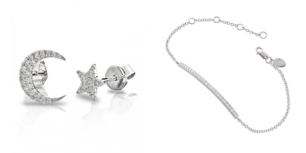 a pair of moon and star earrings and a chain bracelet with a diamond-adorned bar.
