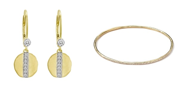 A pair of diamond adorned earrings with a minimalist gold bangle.