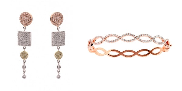 a pair of mixed metal diamond drop earrings and a rose gold bangle bracelet.