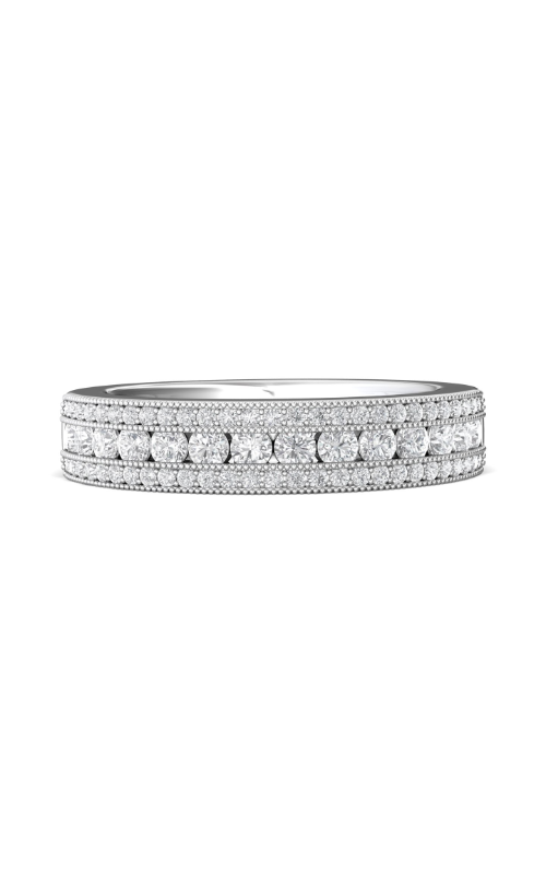 A white gold wedding band, adorned with a triple row of round diamonds
