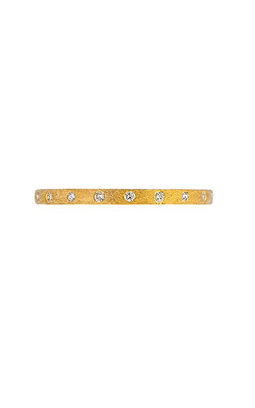 A gold wedding band encrusted with round cut diamonds