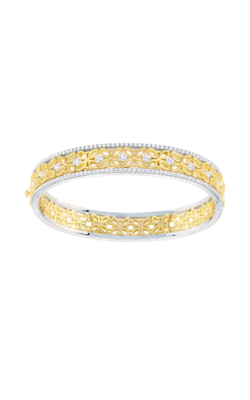A white and yellow gold ornate bangle with diamonds