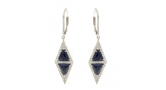 a pair of silver earrings, each featuring two trapezoidal sapphires surrounded by accent diamonds