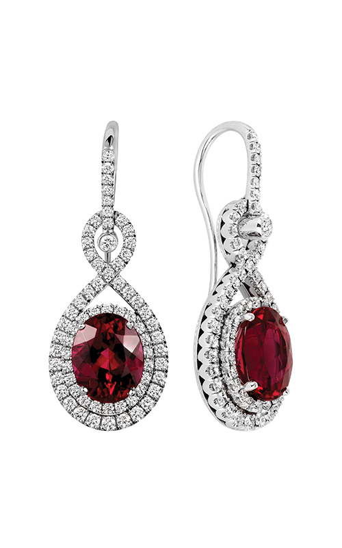 A white gold drop diamond earrings with oval center rubies.