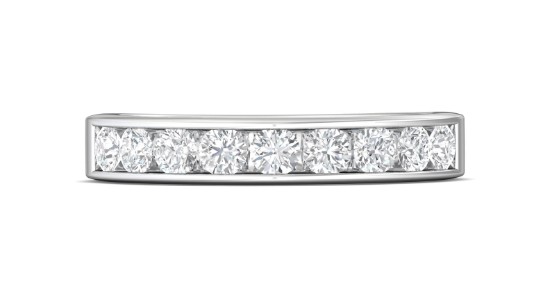 a white gold wedding band featuring channel set round cut diamonds