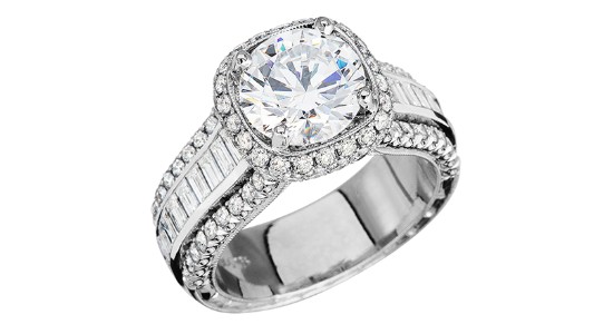 a white gold wide band engagement ring with diamond laden band