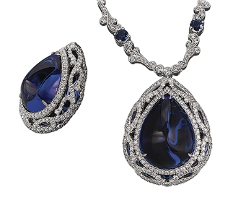 Jack Kelege necklace with a pear tanzanite with diamonds and sapphires around the larger gemstone pendant.