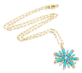 Jane Taylor spinel, opal, and turquoise pendant on a yellow gold necklace