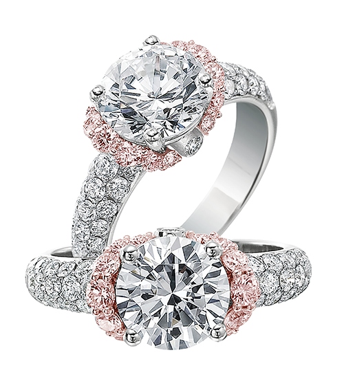 Jack Kelege halo engagement rings with rose gold