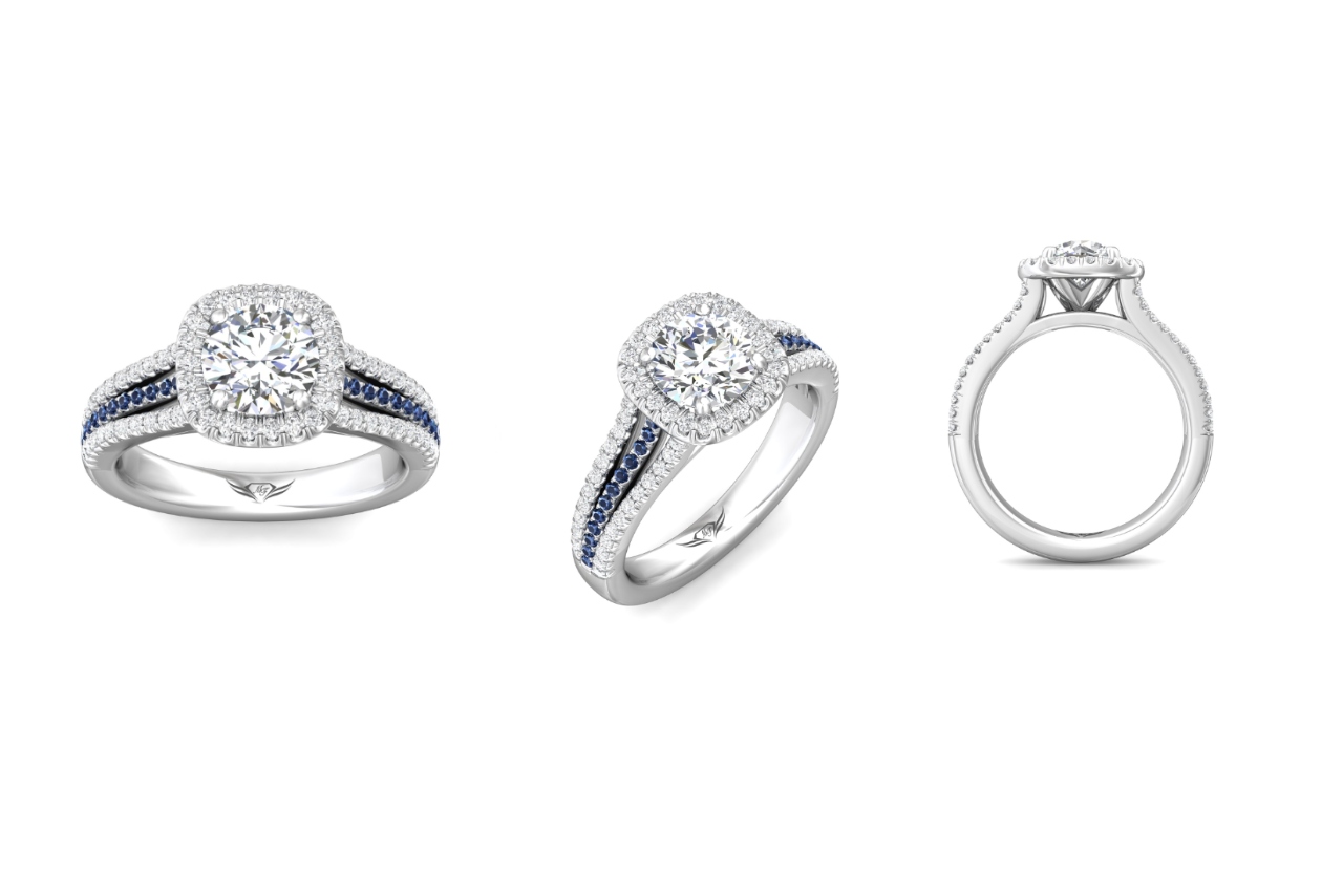 Martin Flyer FlyerFit Micropavé Halo Engagement Ring with blue sapphires and diamonds