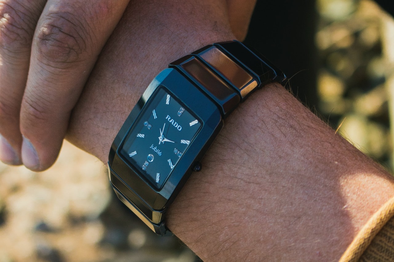 A sporty watch with a rectangular case.