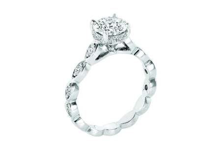 An engagement ring with a unique band from Jack Kelege, available at Frank Adams Jewelers.