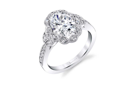 A vintage-inspired Sylvie engagement ring, available at Frank Adams Jewelers.