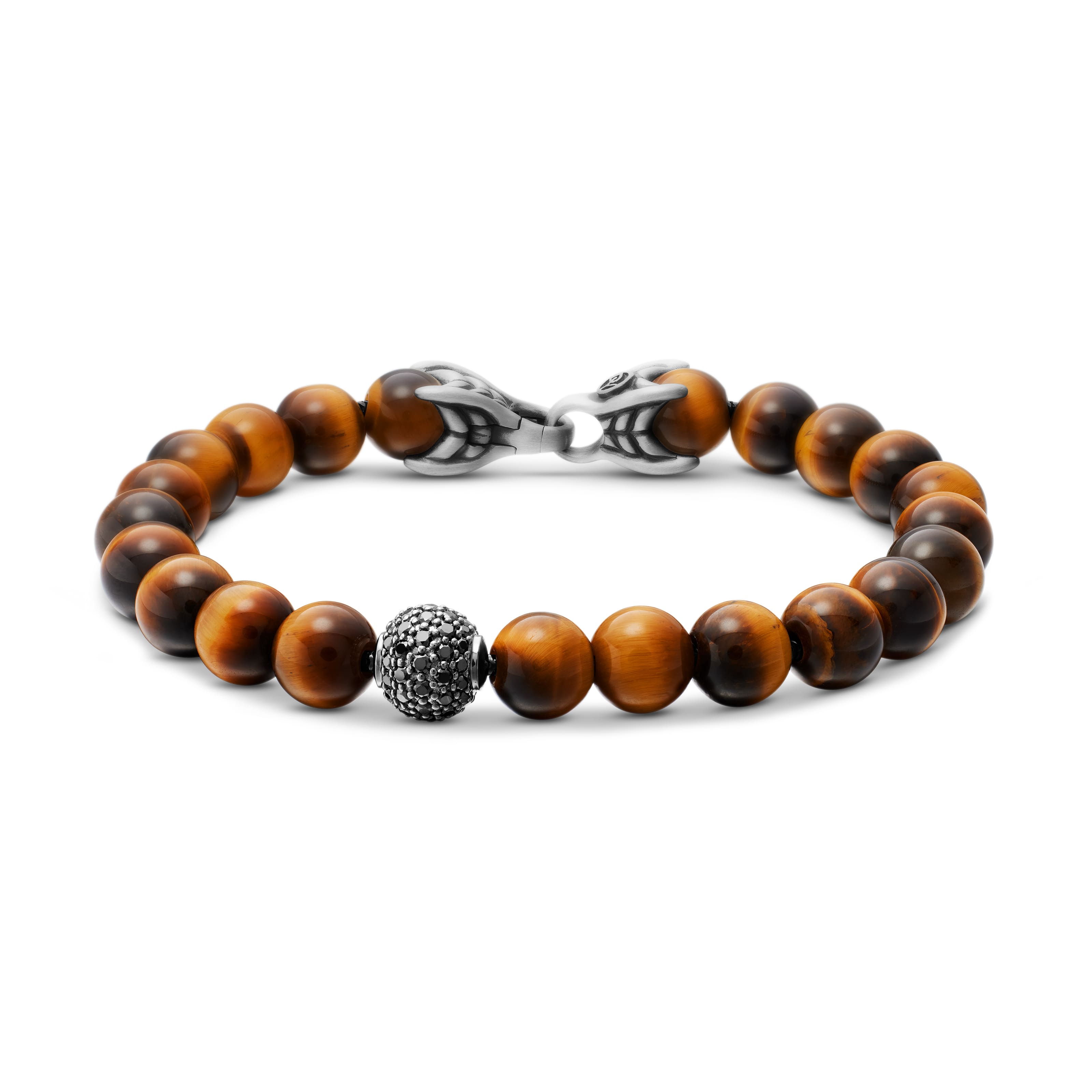 Spiritual Beads Bracelet in Sterling Silver with Tigers Eye and Pavé Black Diamond Station, 8mm Spiritual Beads Bracelet in Sterling Silver with Tigers Eye and Pavé Black Diamond Station, 8mm