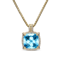 Chatelaine® Pavé Bezel Pendant Necklace in 18K Yellow Gold with Blue Topaz and Diamonds, 14mm thumbnail 1