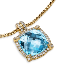Chatelaine® Pavé Bezel Pendant Necklace in 18K Yellow Gold with Blue Topaz and Diamonds, 14mm thumbnail 4
