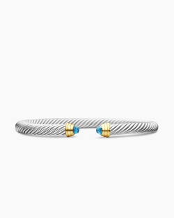 Classic Cable Bracelet in Sterling Silver with 14K Yellow Gold and Blue Topaz, 5mm