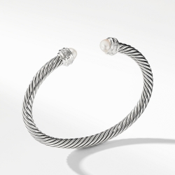 Classic Cable Bracelet in Sterling Silver with Pearls and Diamonds, 5mm
