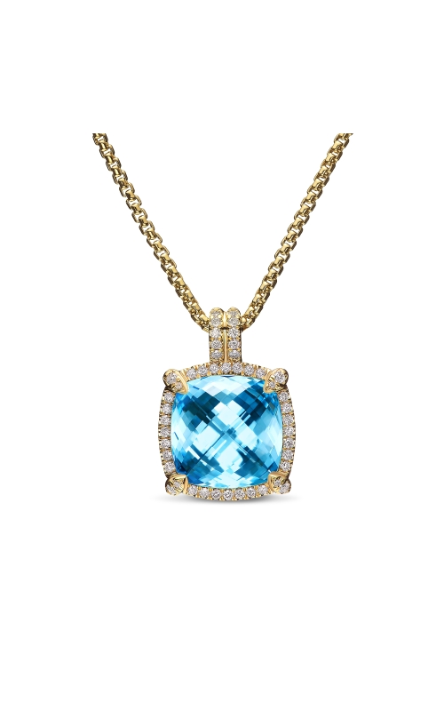 Chatelaine® Pavé Bezel Pendant Necklace in 18K Yellow Gold with Blue Topaz and Diamonds, 14mm