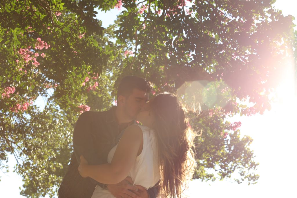 A couple kisses under a blossoming tree in the spring.